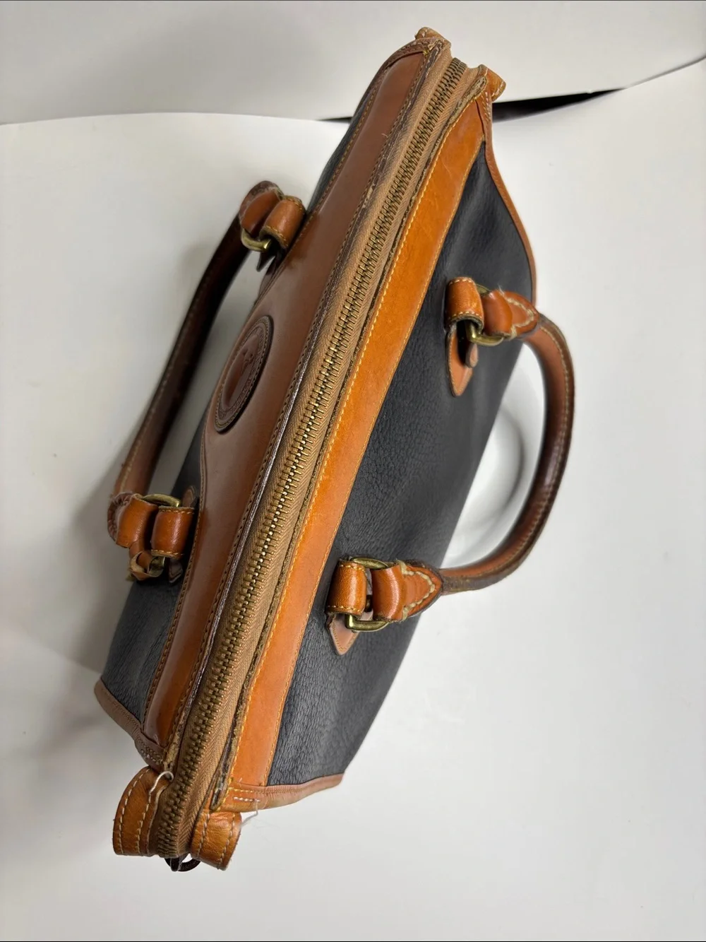 Dooney & Bourke Black Pebbled Leather Satchel with Tan Trim